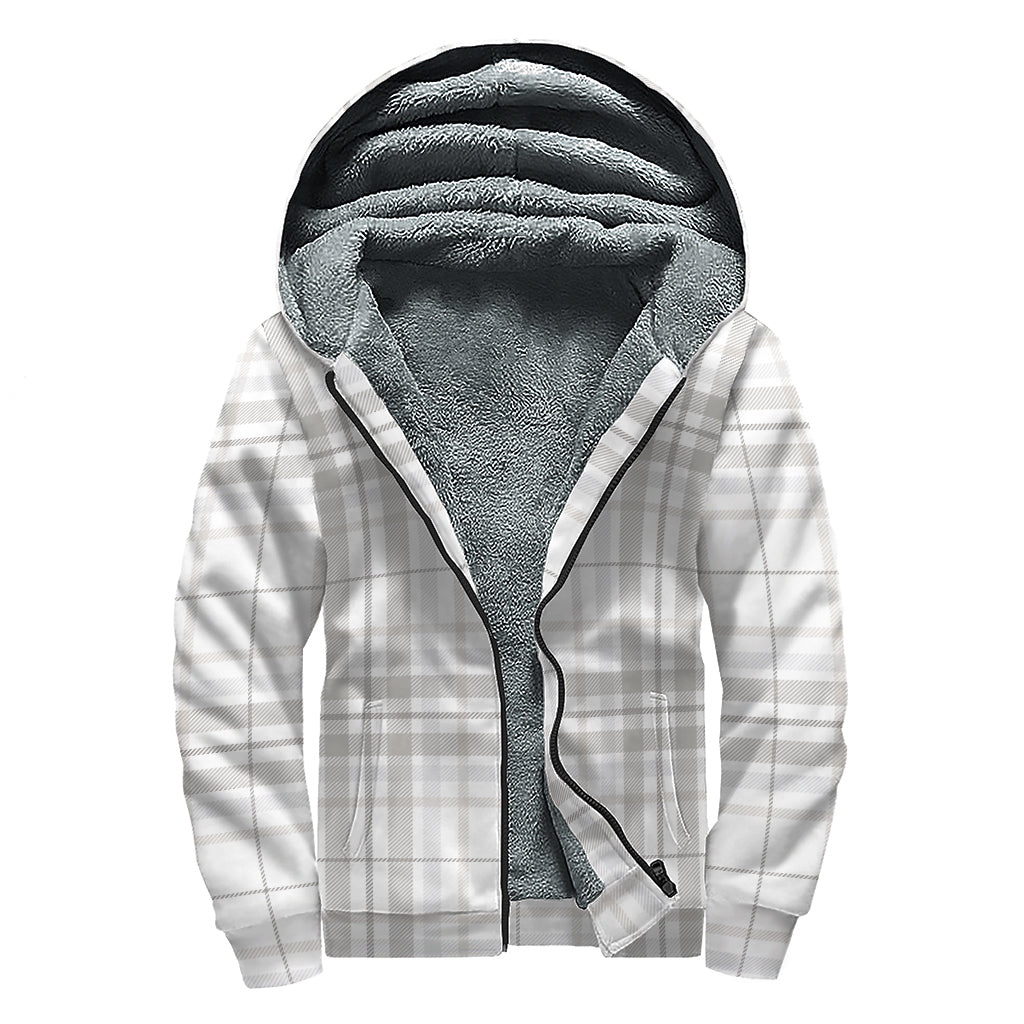White And Grey Plaid Pattern Print Sherpa Lined Zip Up Hoodie