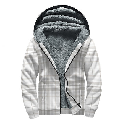 White And Grey Plaid Pattern Print Sherpa Lined Zip Up Hoodie