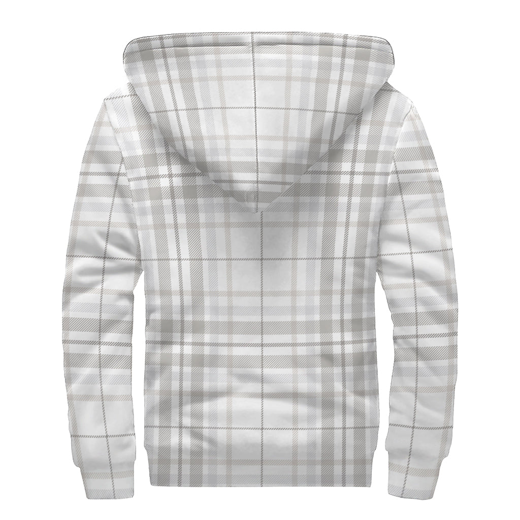 White And Grey Plaid Pattern Print Sherpa Lined Zip Up Hoodie