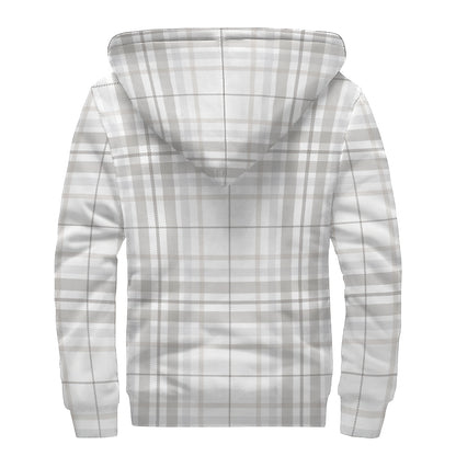 White And Grey Plaid Pattern Print Sherpa Lined Zip Up Hoodie