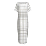White And Grey Plaid Pattern Print Short Sleeve Long Nightdress