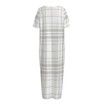 White And Grey Plaid Pattern Print Short Sleeve Long Nightdress