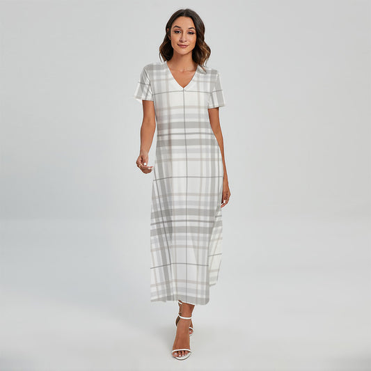 White And Grey Plaid Pattern Print Short Sleeve Maxi Dress