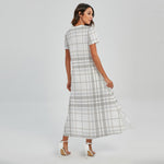 White And Grey Plaid Pattern Print Short Sleeve Maxi Dress