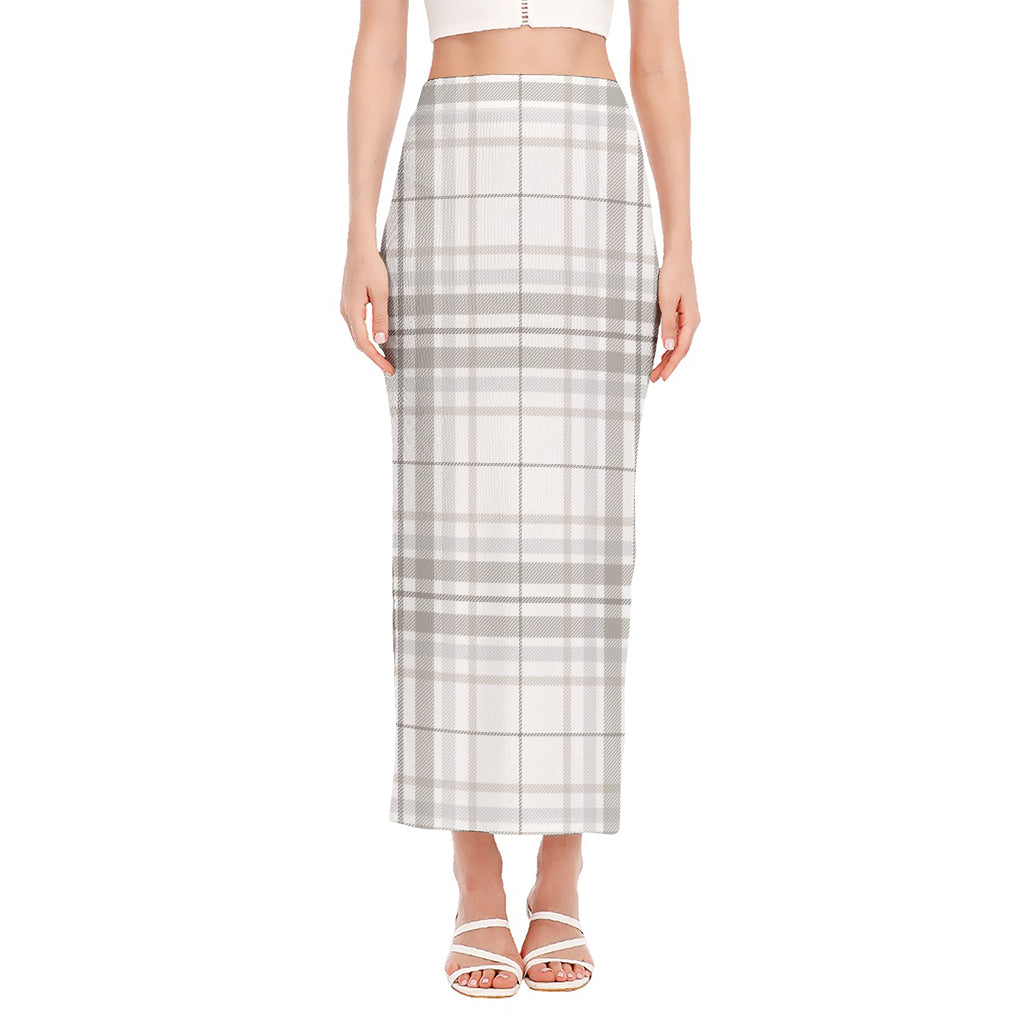 White And Grey Plaid Pattern Print Side Slit Maxi Skirt