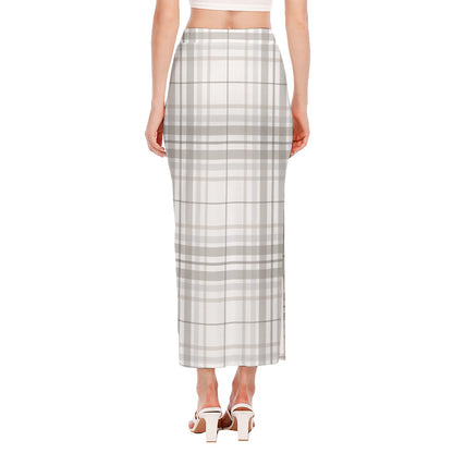 White And Grey Plaid Pattern Print Side Slit Maxi Skirt