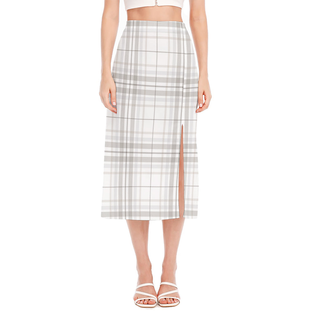 White And Grey Plaid Pattern Print Side Slit Midi Skirt