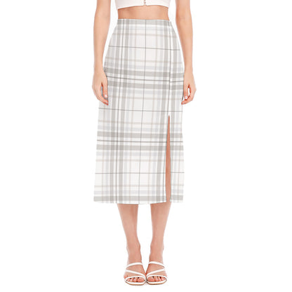 White And Grey Plaid Pattern Print Side Slit Midi Skirt