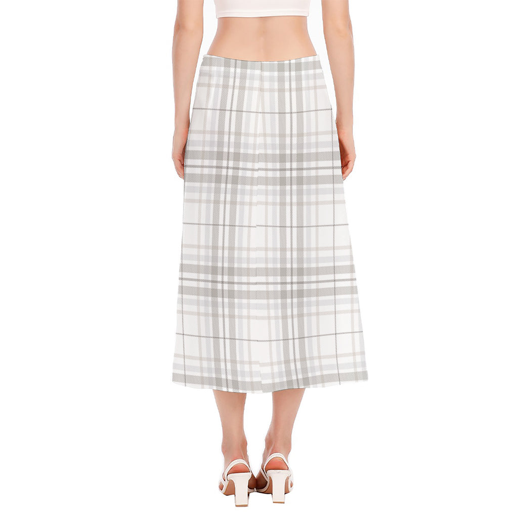 White And Grey Plaid Pattern Print Side Slit Midi Skirt