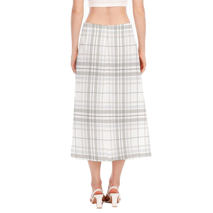 White And Grey Plaid Pattern Print Side Slit Midi Skirt