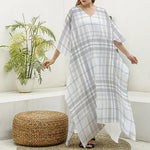 White And Grey Plaid Pattern Print Silk V-Neck Kaftan Dress