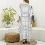 White And Grey Plaid Pattern Print Silk V-Neck Kaftan Dress