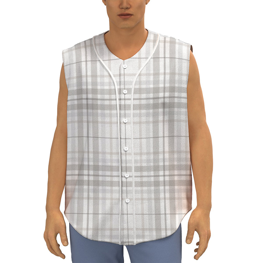 White And Grey Plaid Pattern Print Sleeveless Baseball Jersey