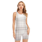 White And Grey Plaid Pattern Print Sleeveless One Piece Swimsuit