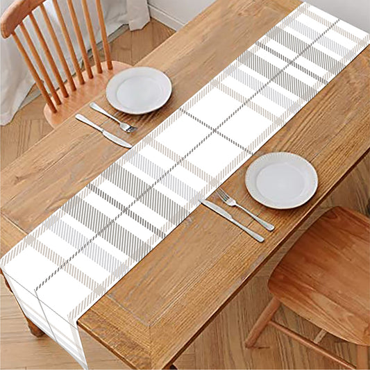 White And Grey Plaid Pattern Print Table Runner