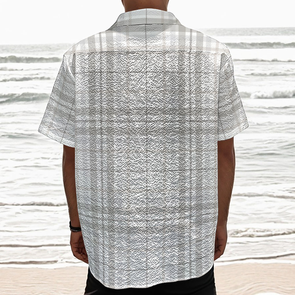 White And Grey Plaid Pattern Print Textured Short Sleeve Shirt