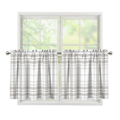 White And Grey Plaid Pattern Print Tier Curtains