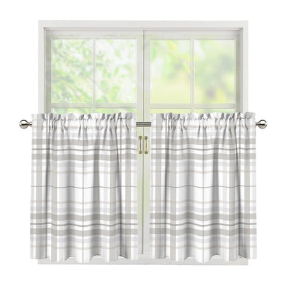 White And Grey Plaid Pattern Print Tier Curtains