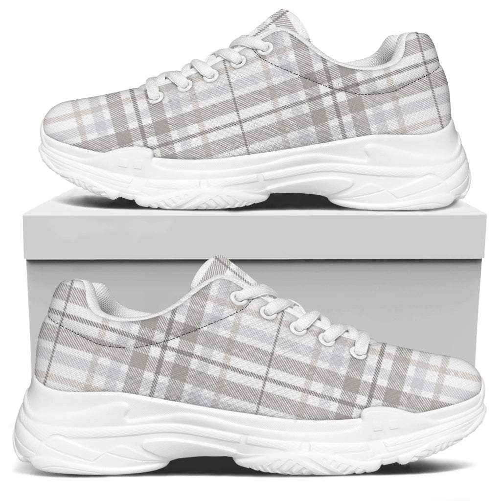 White And Grey Plaid Pattern Print White Chunky Shoes