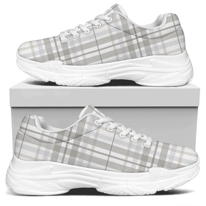 White And Grey Plaid Pattern Print White Chunky Shoes