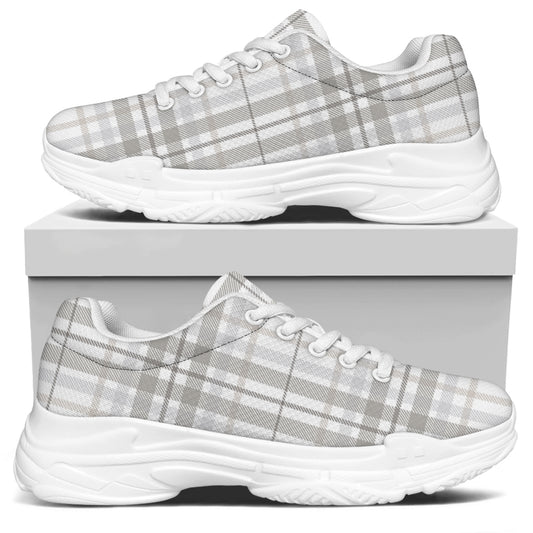 White And Grey Plaid Pattern Print White Chunky Shoes