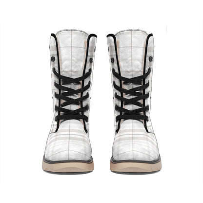 White And Grey Plaid Pattern Print Winter Boots