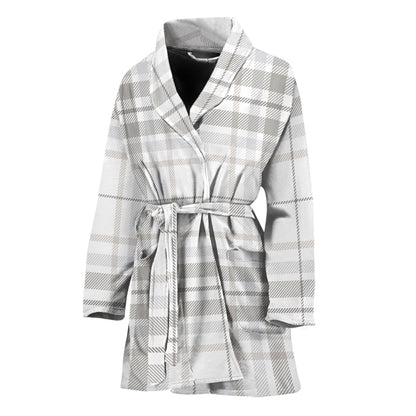 White And Grey Plaid Pattern Print Women's Bathrobe
