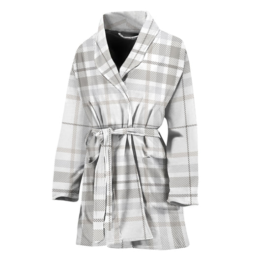 White And Grey Plaid Pattern Print Women's Bathrobe