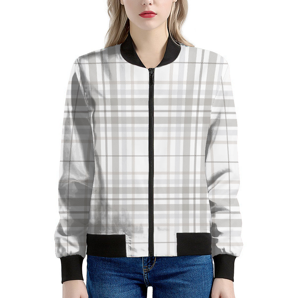 White And Grey Plaid Pattern Print Women's Bomber Jacket