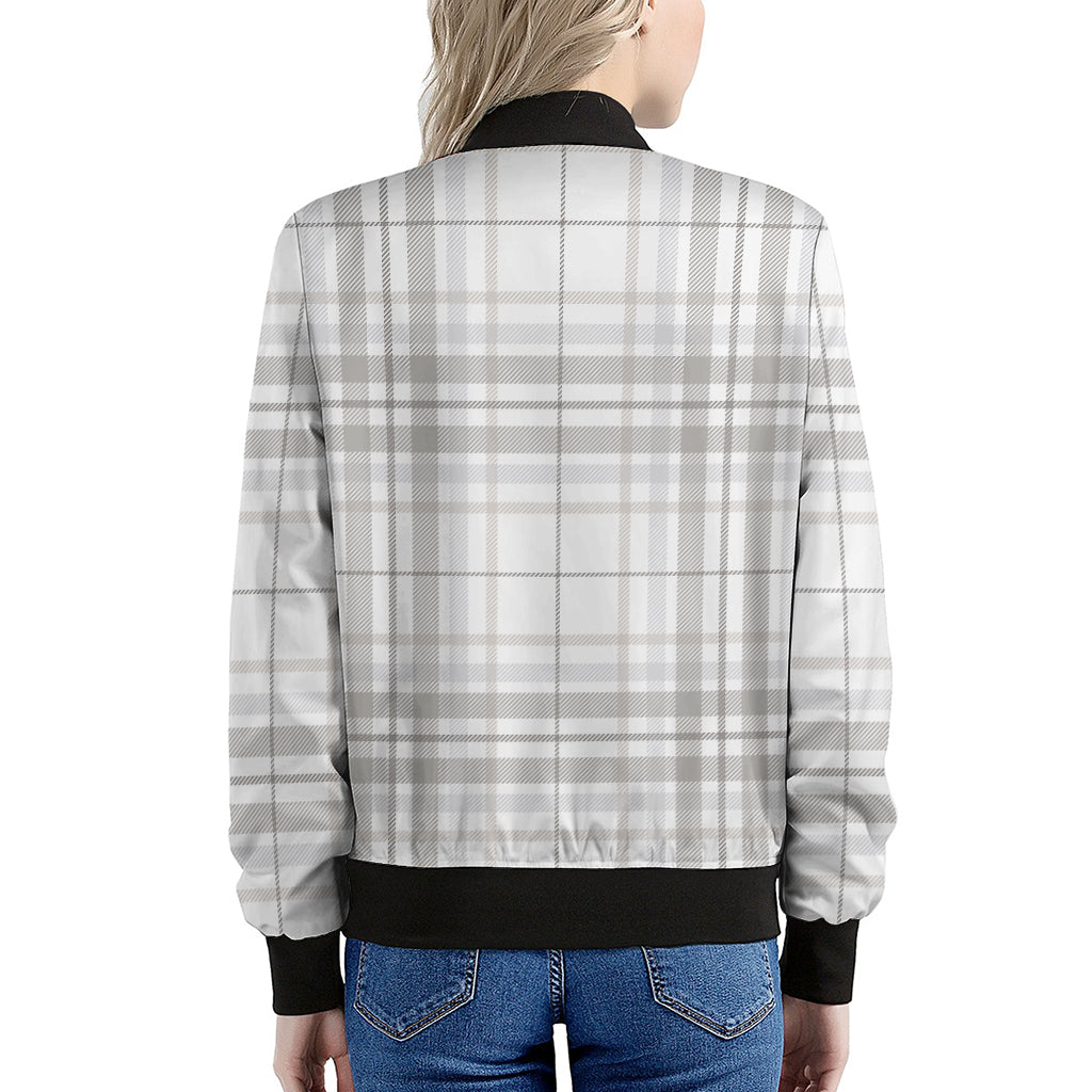 White And Grey Plaid Pattern Print Women's Bomber Jacket