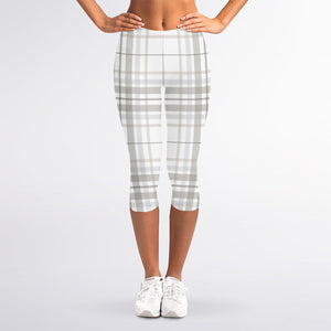 White And Grey Plaid Pattern Print Women's Capri Leggings