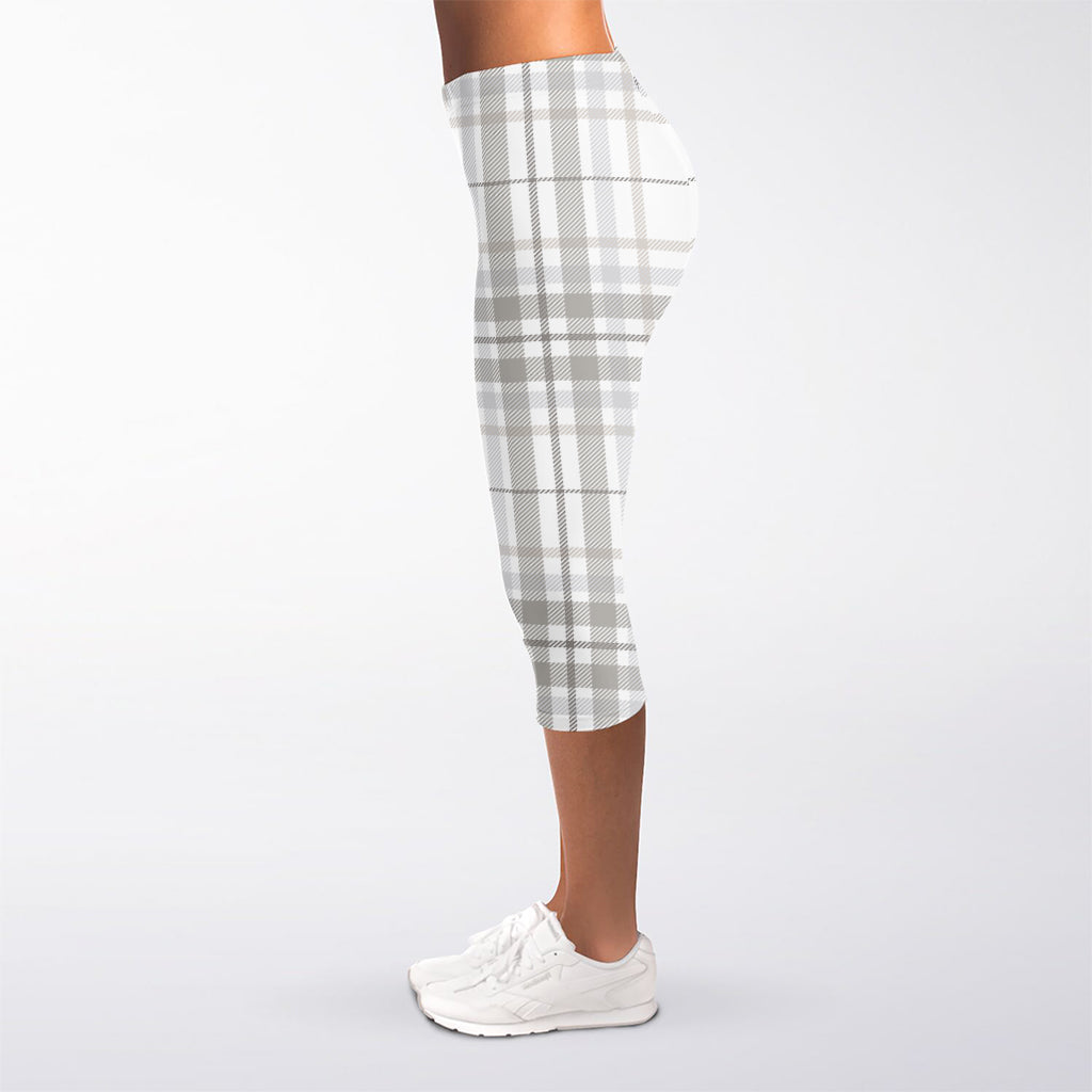 White And Grey Plaid Pattern Print Women's Capri Leggings