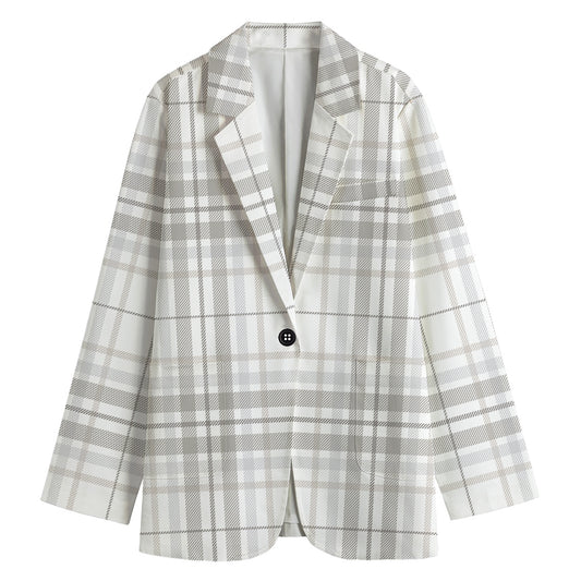 White And Grey Plaid Pattern Print Women's Cotton Blazer