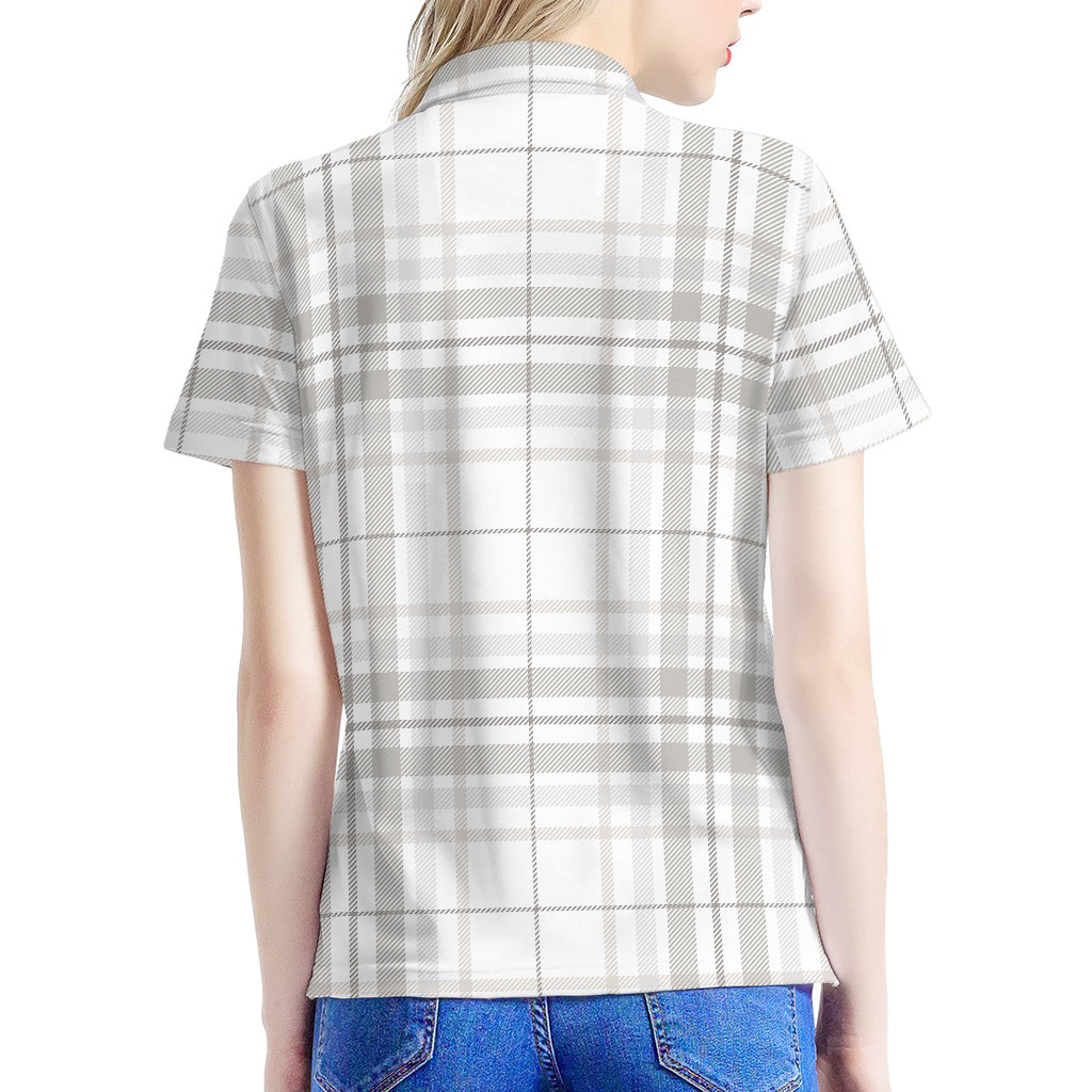 White And Grey Plaid Pattern Print Women's Polo Shirt