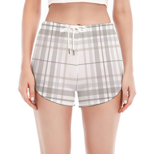 White And Grey Plaid Pattern Print Women's Split Running Shorts