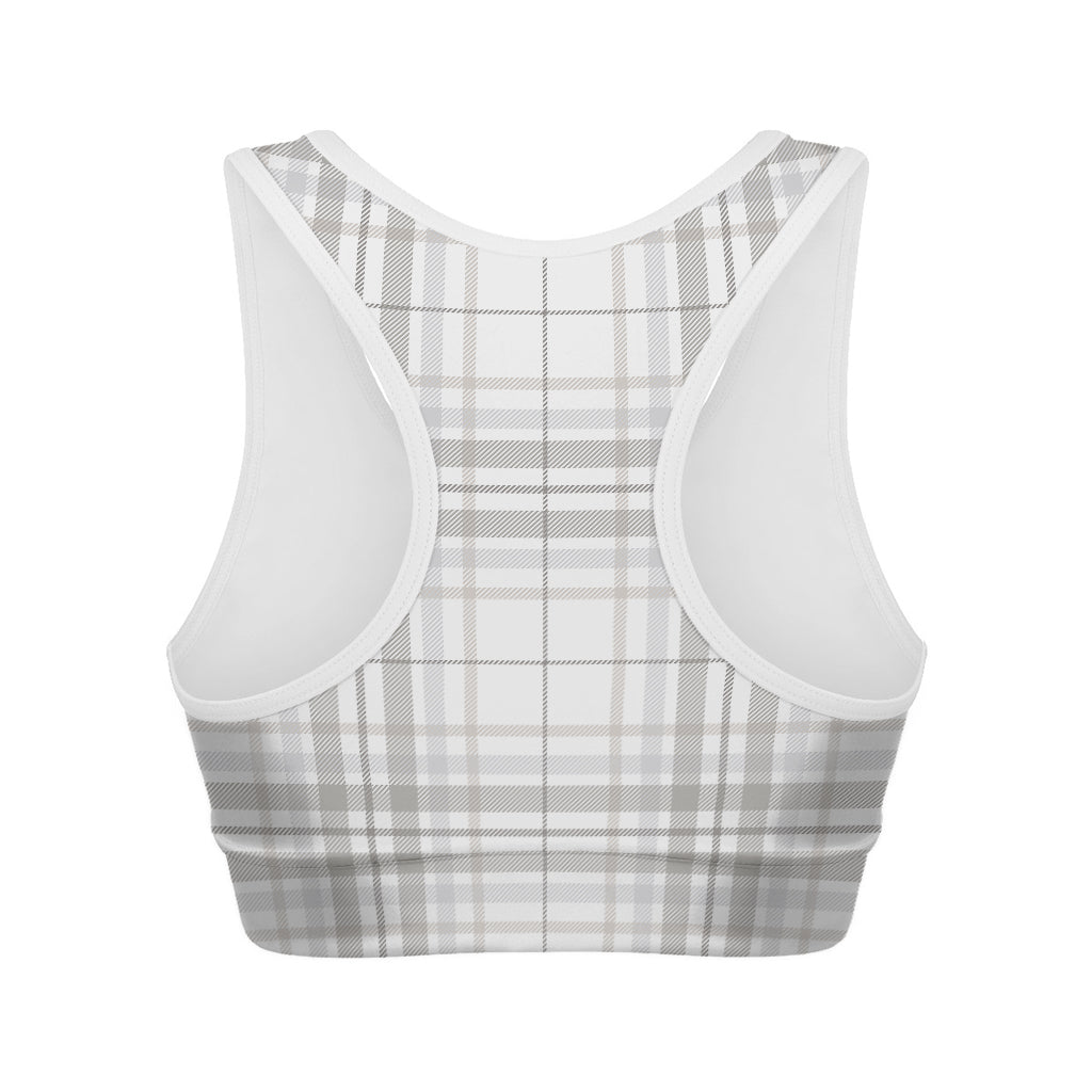 White And Grey Plaid Pattern Print Women's Sports Bra