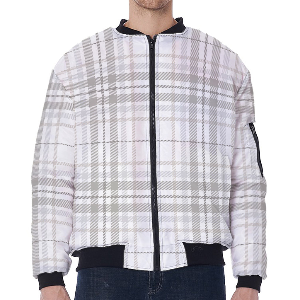 White And Grey Plaid Pattern Print Zip Sleeve Bomber Jacket