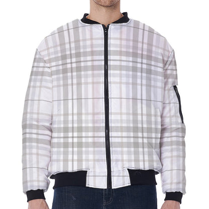 White And Grey Plaid Pattern Print Zip Sleeve Bomber Jacket