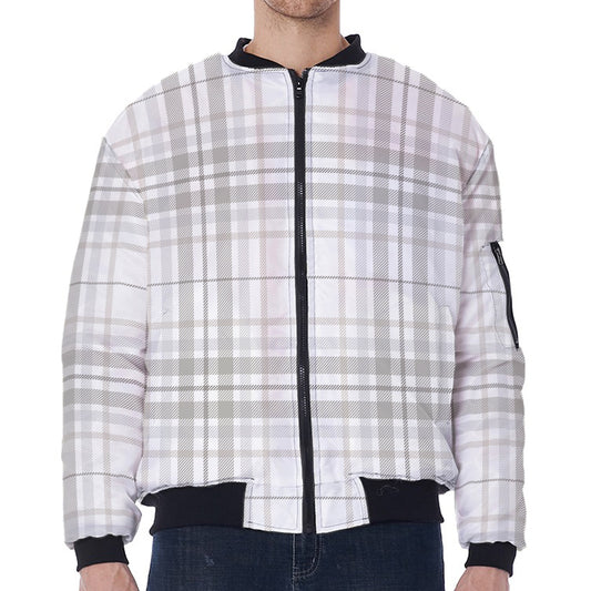White And Grey Plaid Pattern Print Zip Sleeve Bomber Jacket