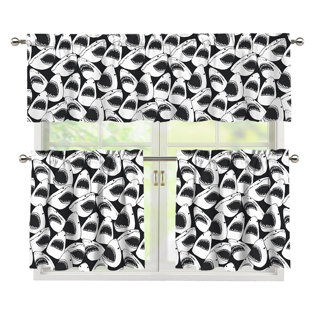 White And Grey Shark Pattern Print 3 Piece Kitchen Curtains