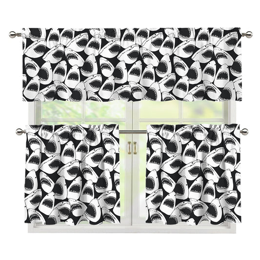 White And Grey Shark Pattern Print 3 Piece Kitchen Curtains