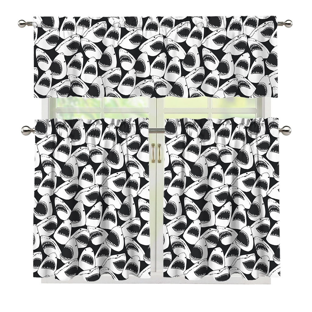 White And Grey Shark Pattern Print 3 Piece Kitchen Curtains