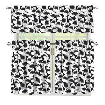 White And Grey Shark Pattern Print 3 Piece Kitchen Curtains