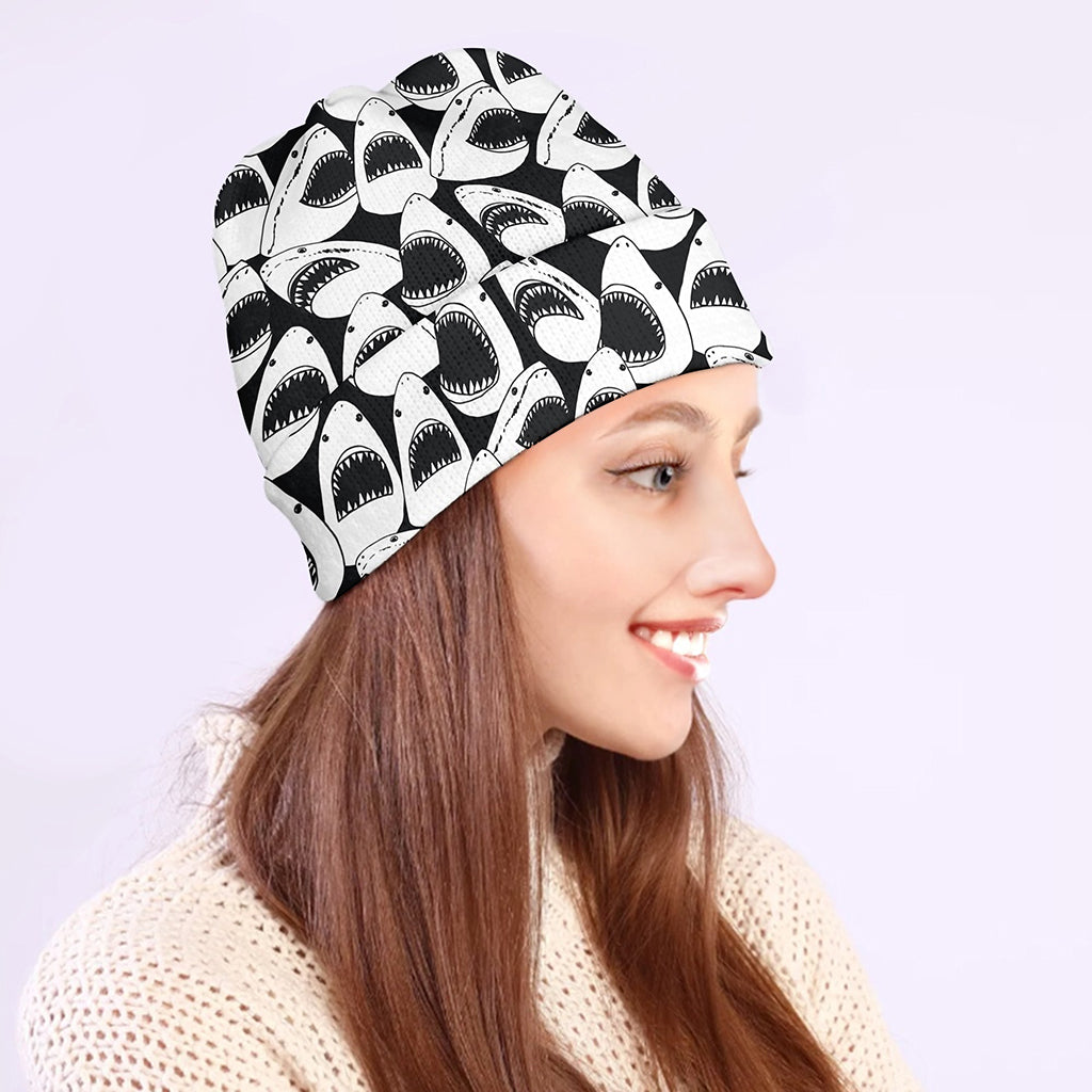 White And Grey Shark Pattern Print Beanie