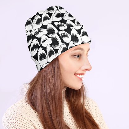 White And Grey Shark Pattern Print Beanie