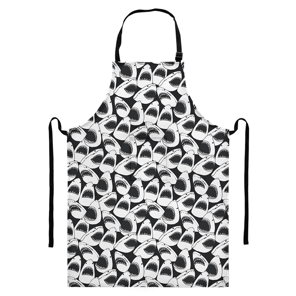 White And Grey Shark Pattern Print Bib Apron With Pocket