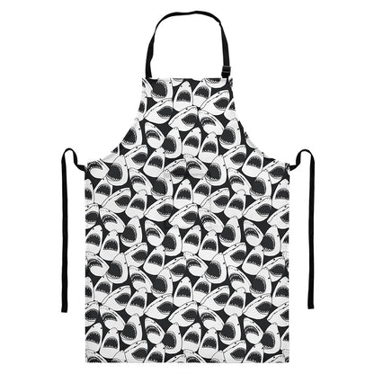 White And Grey Shark Pattern Print Bib Apron With Pocket