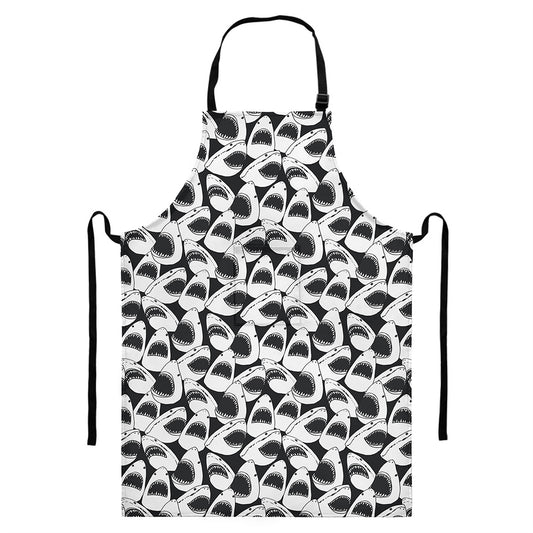 White And Grey Shark Pattern Print Bib Apron With Pocket