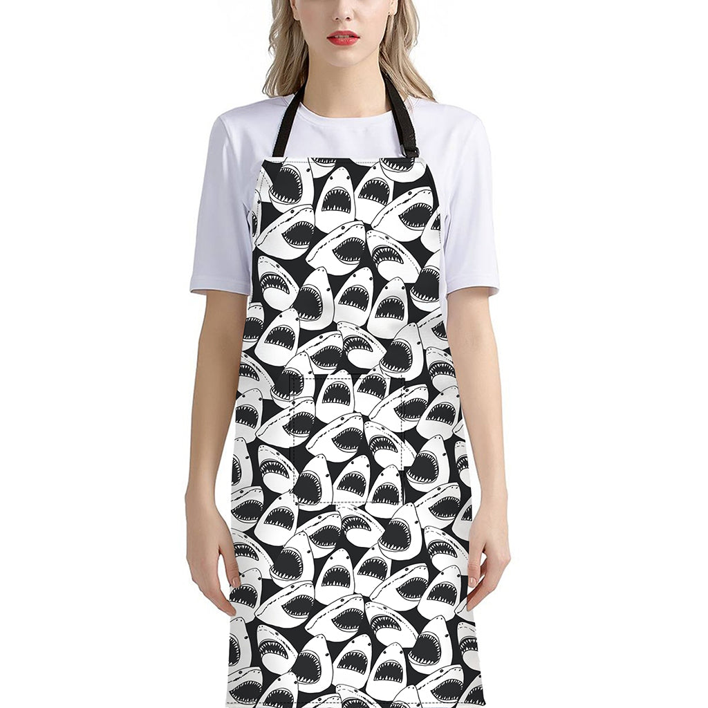 White And Grey Shark Pattern Print Bib Apron With Pocket
