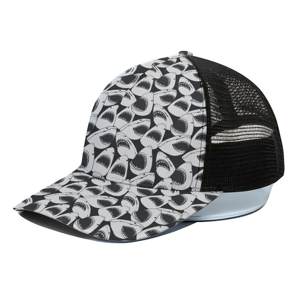 White And Grey Shark Pattern Print Black Mesh Trucker Cap
